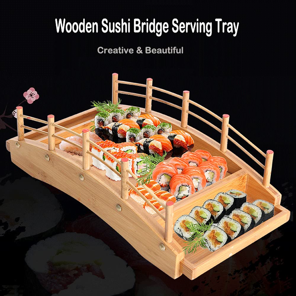 WINIAER Wooden Arch Bridge Sushi Boat Serving Tray, Sushi Bridge Serving Plate Sushi Tray Serving Boat Plate Food Platter for Restaurant or Home (38 x 19 x 13cm / 14.9 x 7.4 x 5.1inch)