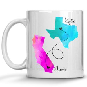 personalized long distance coffee mug, best friends quote custom mugs, states with hearts over cities, add names and quote, state to state mug, long distance family, friendship, relationship gifts
