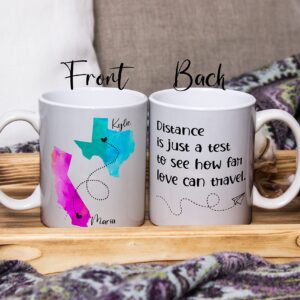 Personalized Long Distance Coffee Mug, Best Friends Quote Custom Mugs, States with Hearts over Cities, Add Names and Quote, State to State Mug, Long Distance Family, Friendship, Relationship Gifts