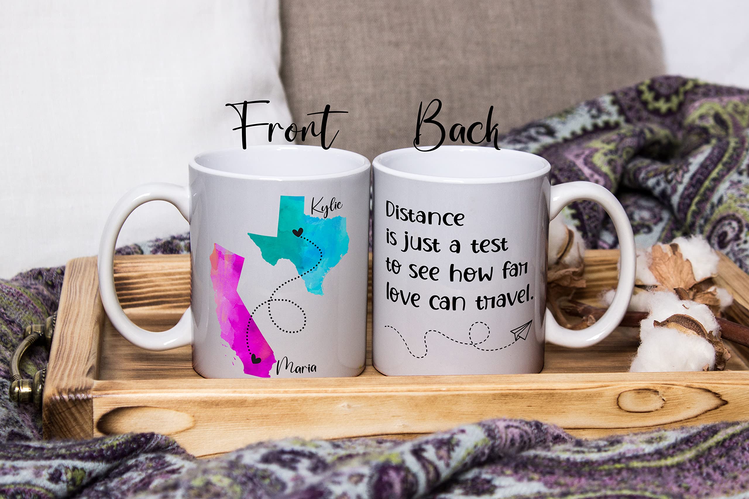 Personalized Long Distance Coffee Mug, Best Friends Quote Custom Mugs, States with Hearts over Cities, Add Names and Quote, State to State Mug, Long Distance Family, Friendship, Relationship Gifts