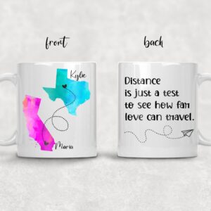 Personalized Long Distance Coffee Mug, Best Friends Quote Custom Mugs, States with Hearts over Cities, Add Names and Quote, State to State Mug, Long Distance Family, Friendship, Relationship Gifts