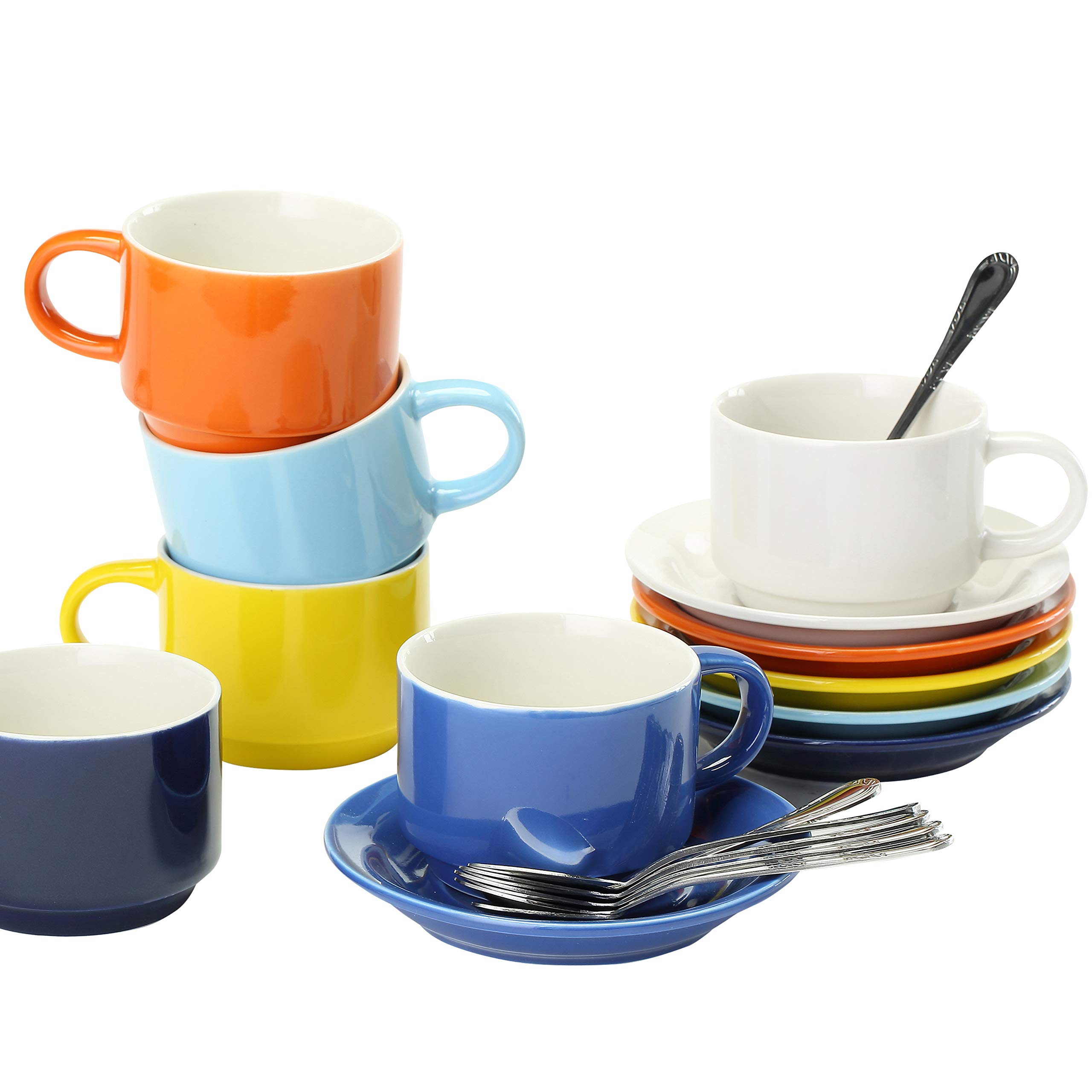 JULKYA SET OF 6 STACKABLE 4OZ MULTICOLORED PORCELAIN ESPRESSO CUPS WITH SAUCERS AND METAL STAND +BONUS STAINLESS STEEL SPOONS - LIGHTWEIGHT CUPS FOR ESPRESSO, LATTE, CAFÉ MACCHIATO, OR TEA, DEMITASSE