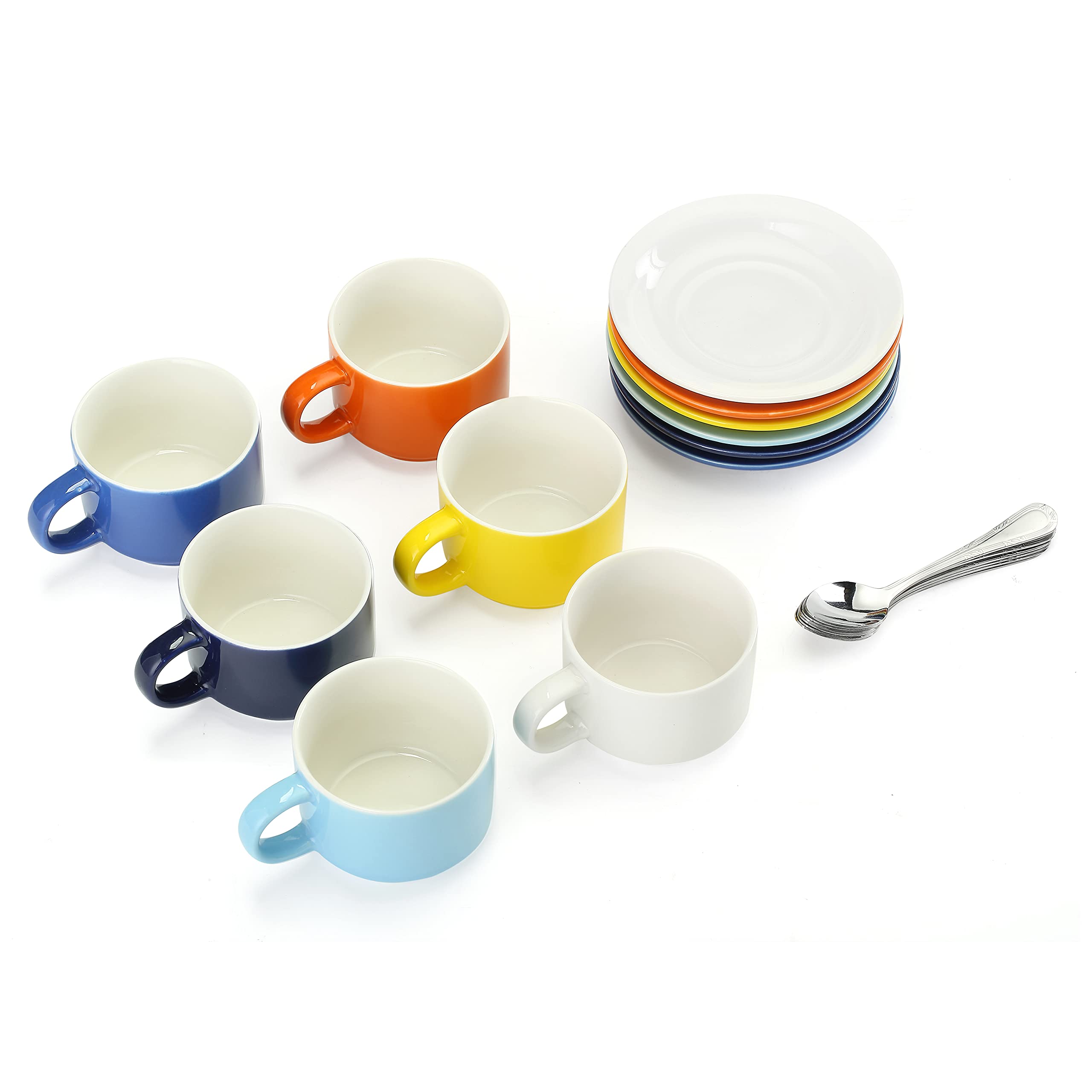JULKYA SET OF 6 STACKABLE 4OZ MULTICOLORED PORCELAIN ESPRESSO CUPS WITH SAUCERS AND METAL STAND +BONUS STAINLESS STEEL SPOONS - LIGHTWEIGHT CUPS FOR ESPRESSO, LATTE, CAFÉ MACCHIATO, OR TEA, DEMITASSE