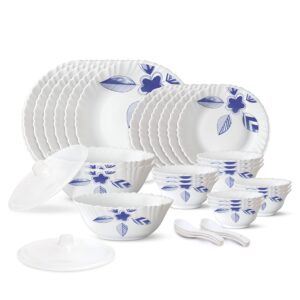 borosil gourmet dinnerware set for 6, 35 pieces, white dinner plates and bowls sets, chip resistant tempered opal glass, stain resistant, dishwasher & microwave safe dinner set for gifting, serves 6
