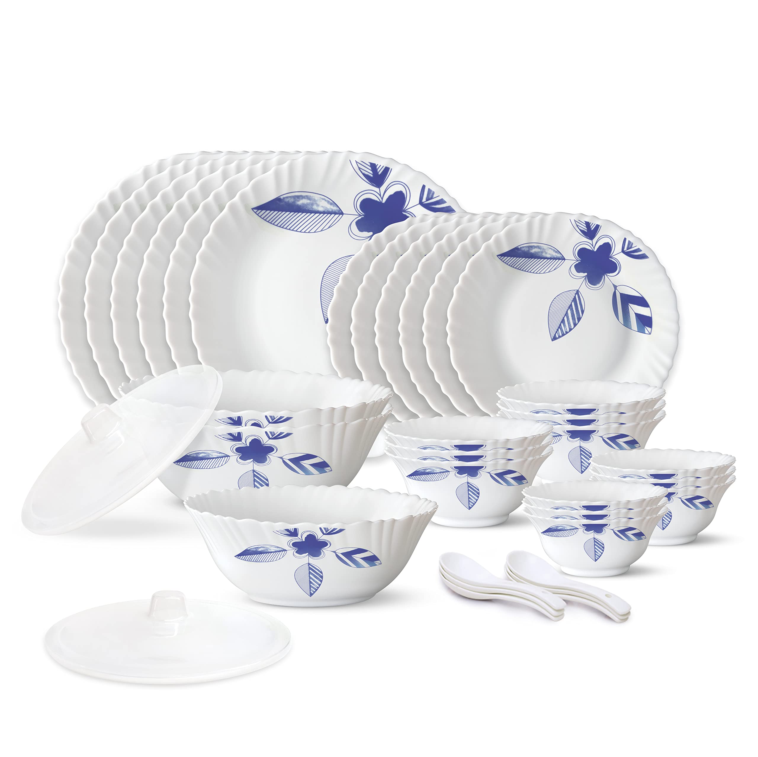 Borosil Gourmet Dinnerware Set For 6, 35 Pieces, White Dinner Plates and Bowls Sets, Chip Resistant Tempered Opal Glass, Stain Resistant, Dishwasher & Microwave Safe Dinner Set For Gifting, Serves 6