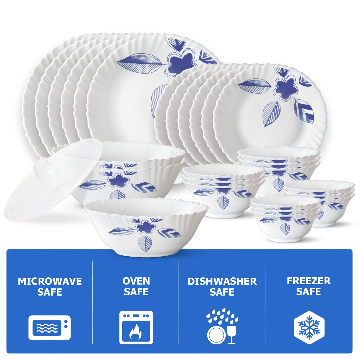 Borosil Gourmet Dinnerware Set For 6, 35 Pieces, White Dinner Plates and Bowls Sets, Chip Resistant Tempered Opal Glass, Stain Resistant, Dishwasher & Microwave Safe Dinner Set For Gifting, Serves 6