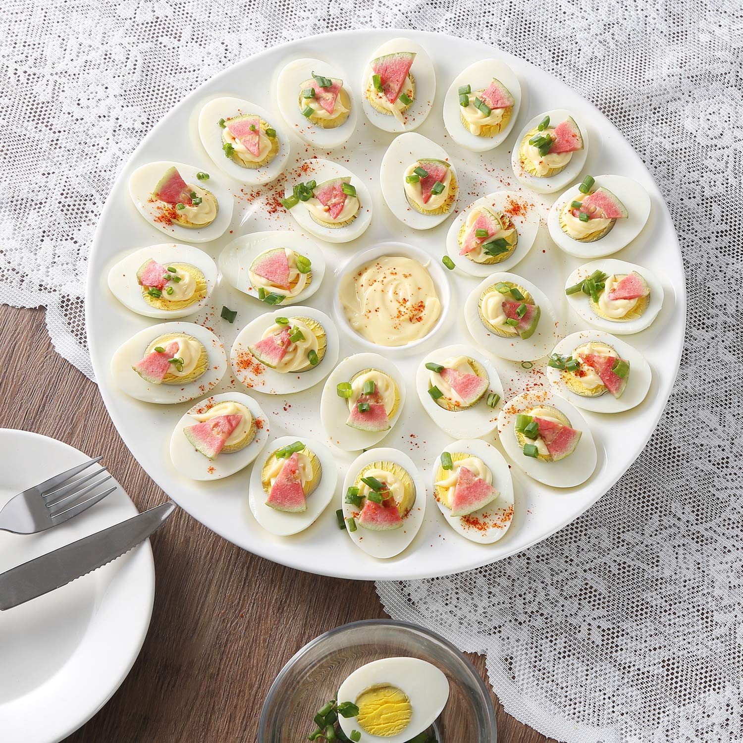 Flexzion Deviled Egg Tray - Ceramic White Porcelain 25 Cup Eggs Serving Tray Catering Platter for Hard Boiled Devil Eggs, Easter Eggs Holder & Deserts Unique Decorative Kitchen Dish Plate Palette