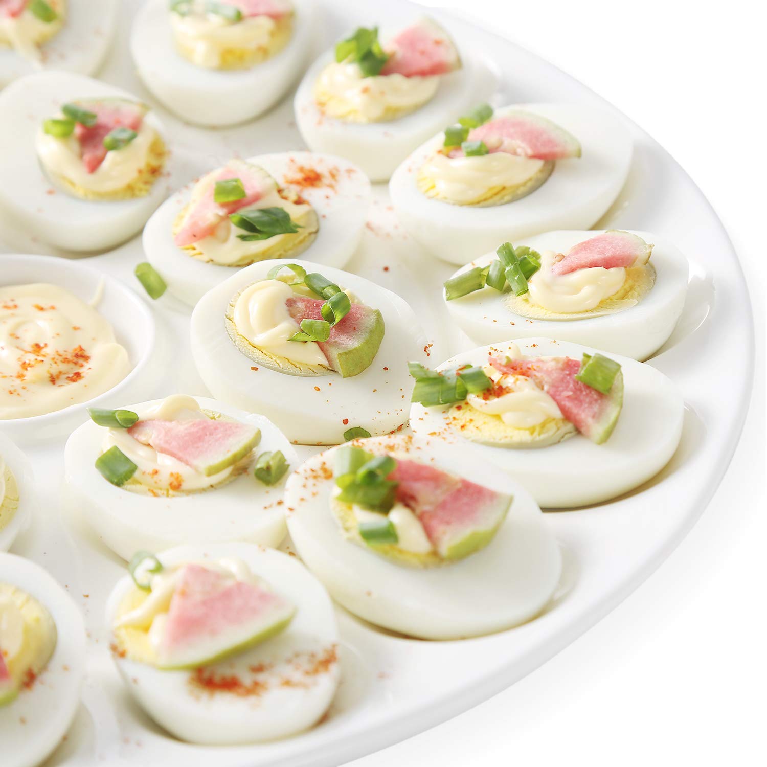 Flexzion Deviled Egg Tray - Ceramic White Porcelain 25 Cup Eggs Serving Tray Catering Platter for Hard Boiled Devil Eggs, Easter Eggs Holder & Deserts Unique Decorative Kitchen Dish Plate Palette