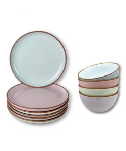 mora ceramic plates and bowls set, assorted colors - cereal bowls and salad plates bundle - microwave, dishwasher, and oven safe