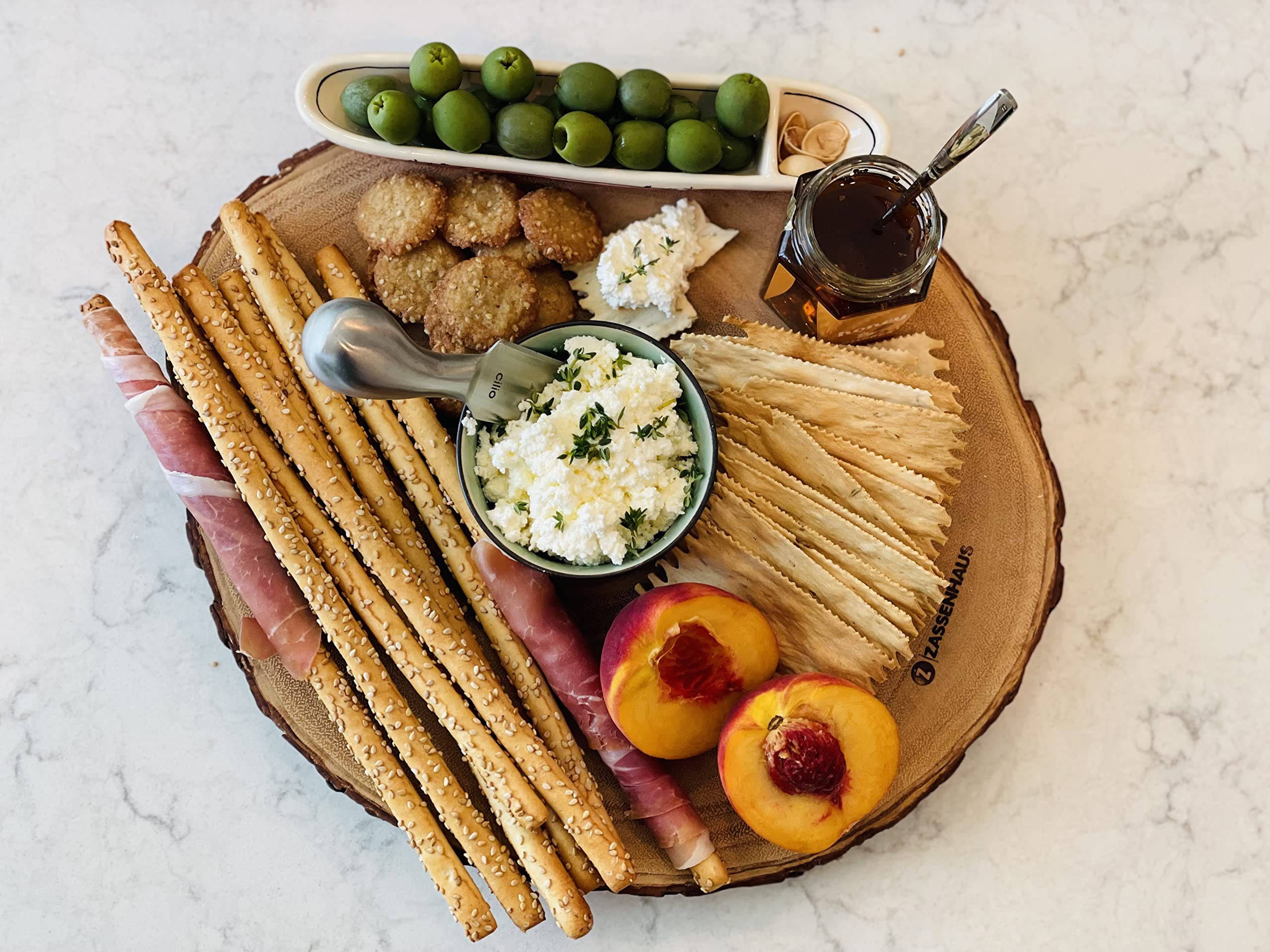 Zassenhaus Acacia Wood Live Edge Round Serving and Cheese Board, Large 15"-18" Diameter