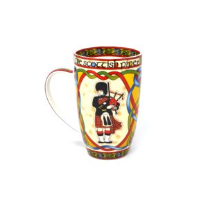 scotland piper mug cup with scottish red celtic knots design and highland bagpipes by royal tara