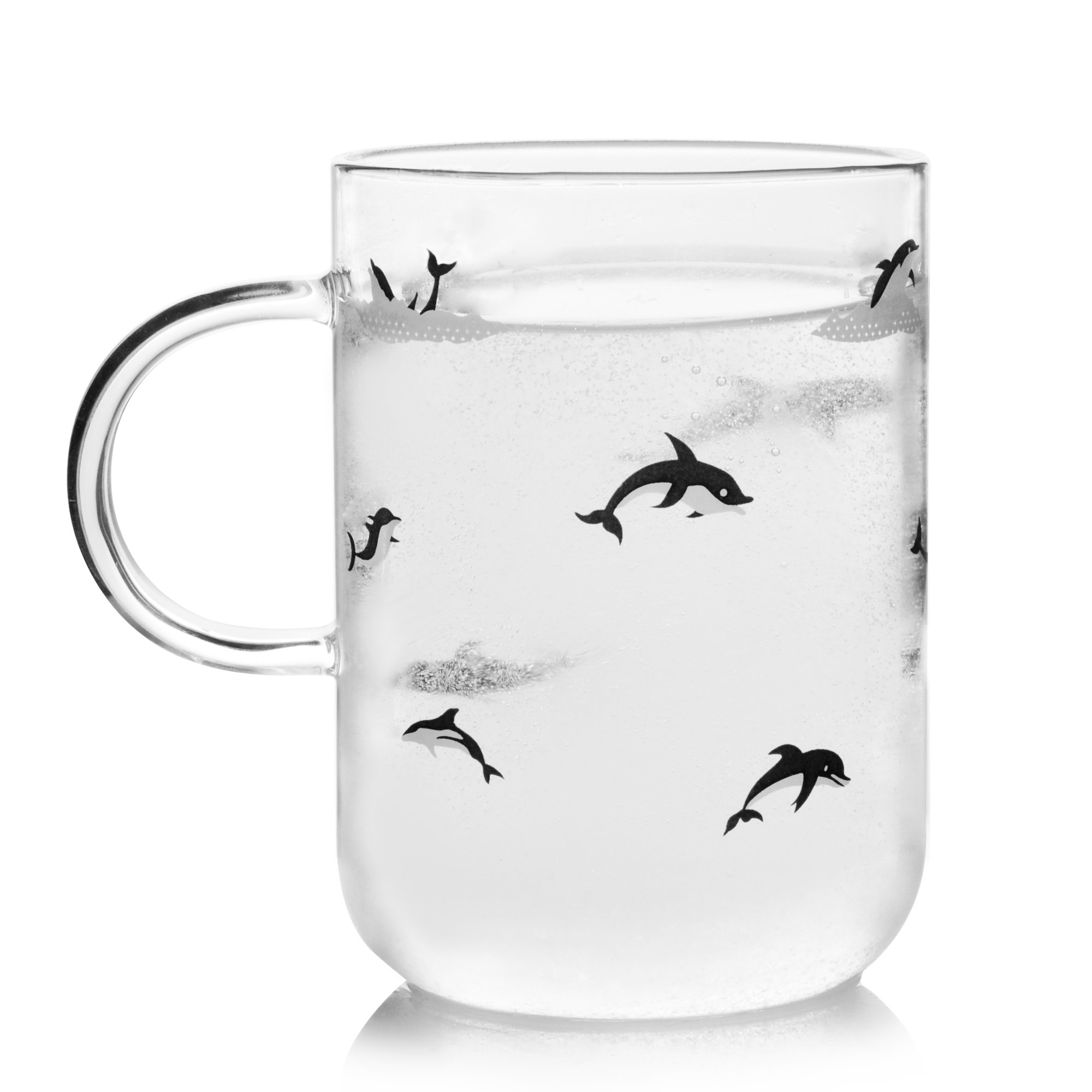 ELITEA Glass Mug with Handle Clear Cute Coffee Mugs Tea Cup with Dolphin Print 16.3oz