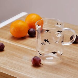 ELITEA Glass Mug with Handle Clear Cute Coffee Mugs Tea Cup with Dolphin Print 16.3oz