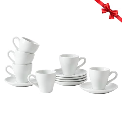 Unilives Espresso Cups, with Saucers Tea Cups and Saucers 2 Ounce Set of 6, for Specialty Coffee Drinks, Cappuccino, Latte, Americano and Tea, White