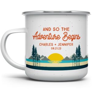 personalized wedding engagement campfire mug, valentines day anniversary enamel camp cup, bridal shower gift for couple fiance girlfriend boyfriend husband wife