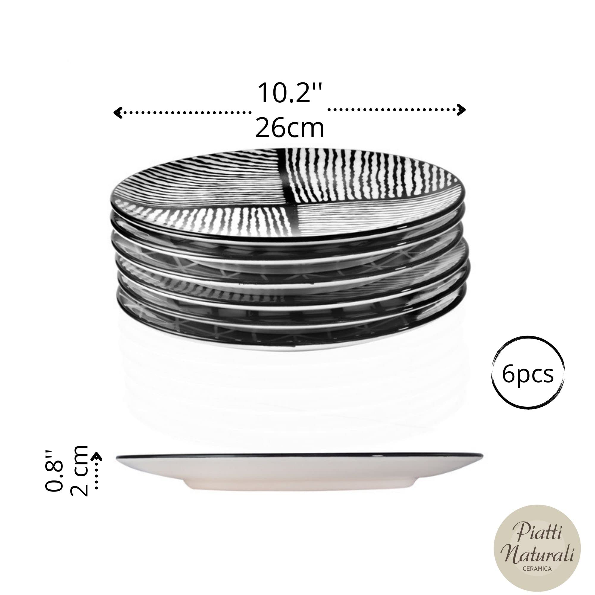 Piatti Naturali Ceramic Dinner Plates Set of 6, 10.2 inch Black Plates Microwave and Dishwasher Safe, Scratch Resistant.