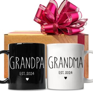 faljiok 2pcs grandparent coffee mugs 11oz est 2024 set, 2024 best congratulatory gifts for grandparent mom dad, christmas birthday thanksgiving gifts for grandma grandpa black & white