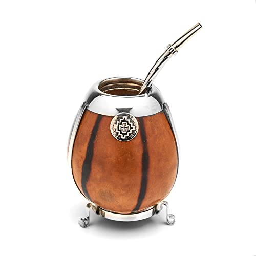 BALIBETOV [New Handmade Yerba Mate Gourd Set - German Silver Trim and Base - [Mate Cup] with Bombilla [Yerba Mate Straw] (Natural)