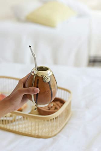 BALIBETOV [New Handmade Yerba Mate Gourd Set - German Silver Trim and Base - [Mate Cup] with Bombilla [Yerba Mate Straw] (Natural)