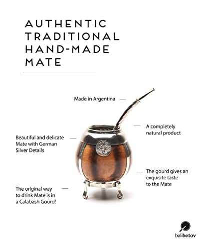 BALIBETOV [New Handmade Yerba Mate Gourd Set - German Silver Trim and Base - [Mate Cup] with Bombilla [Yerba Mate Straw] (Natural)