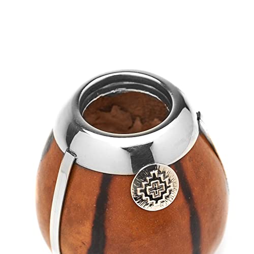 BALIBETOV [New Handmade Yerba Mate Gourd Set - German Silver Trim and Base - [Mate Cup] with Bombilla [Yerba Mate Straw] (Natural)