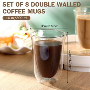 8 Pack 10 oz Double Walled Coffee Mugs Glass Espresso Cups without Handle Clear Thermo Insulated Demitasse Cups for Cappuccino Tea Latte Beverages