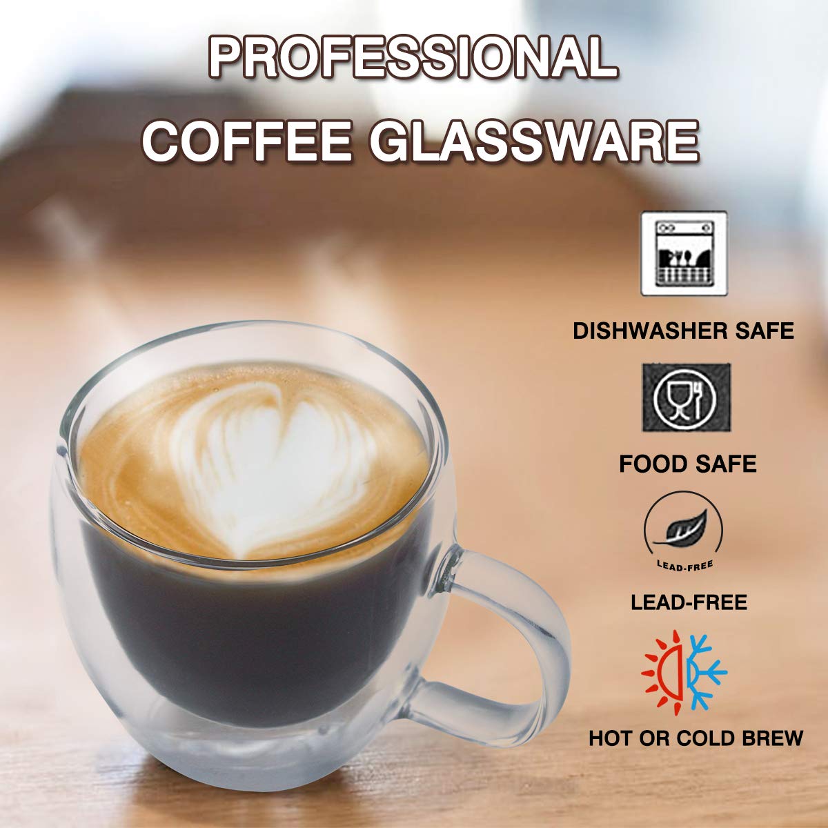 Kitchenexus Glass Espresso cups, Set of 2 6oz Double Wall Thermo Insulated Glass Espresso Shot Cups Set with Handle, Espresso Mug, Coffee Cups for Espresso and Cappuccino, Great Gift for Coffee Lover