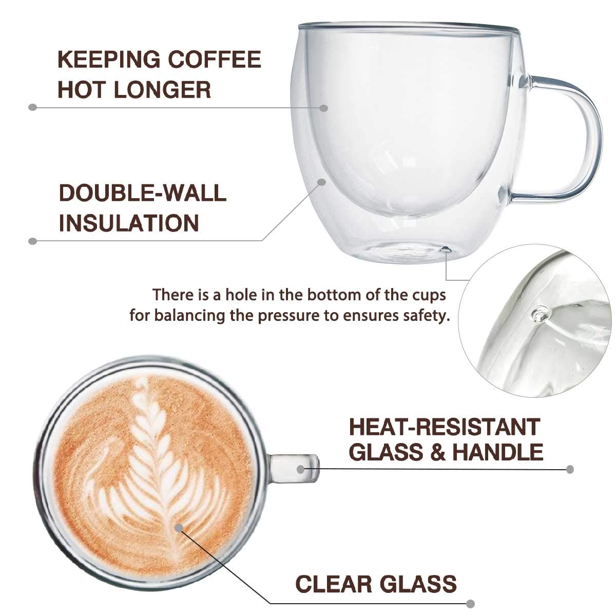 Kitchenexus Glass Espresso cups, Set of 2 6oz Double Wall Thermo Insulated Glass Espresso Shot Cups Set with Handle, Espresso Mug, Coffee Cups for Espresso and Cappuccino, Great Gift for Coffee Lover