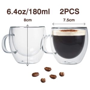 Kitchenexus Glass Espresso cups, Set of 2 6oz Double Wall Thermo Insulated Glass Espresso Shot Cups Set with Handle, Espresso Mug, Coffee Cups for Espresso and Cappuccino, Great Gift for Coffee Lover