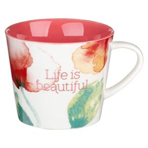 heartfelt inspirational coffee/tea mug for women, life is beautiful, unique coral poppies watercolor flower design, 10oz