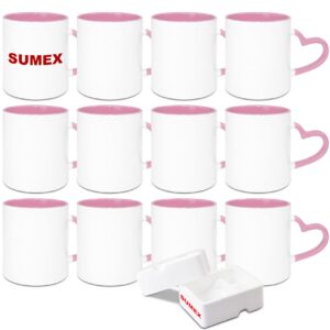 sumex 11oz set of 12 sublimation blanks ceramic coffee mug with heart handle for tea, milk, latte, hot cocoa,pink inner and handle