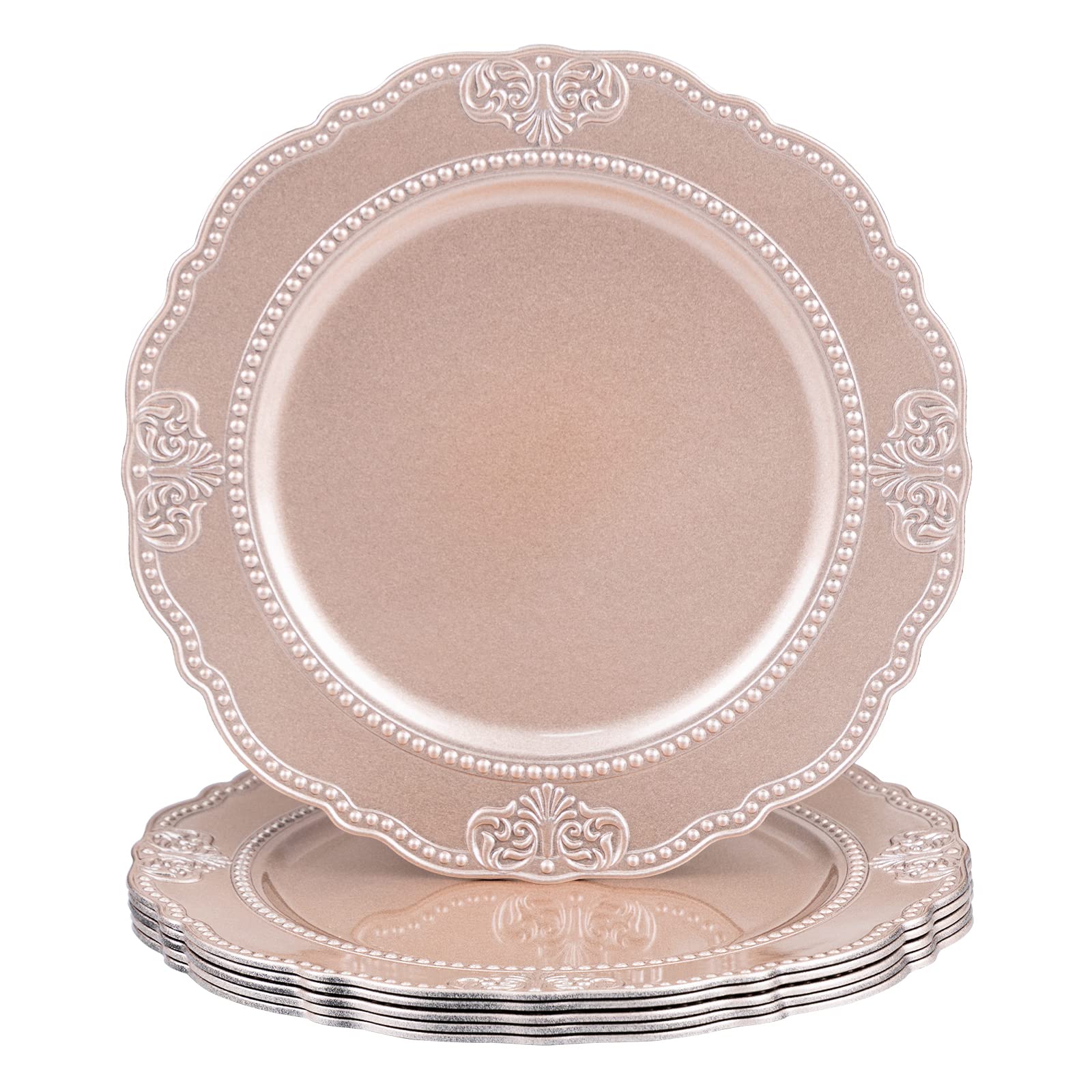 MAONAME 13" Rose Glod Charger Plates, Set of 6, Antique Charger Plates, Plastic Plate Chargers, Wedding Reception Chargers Plate Chargers for Dinner