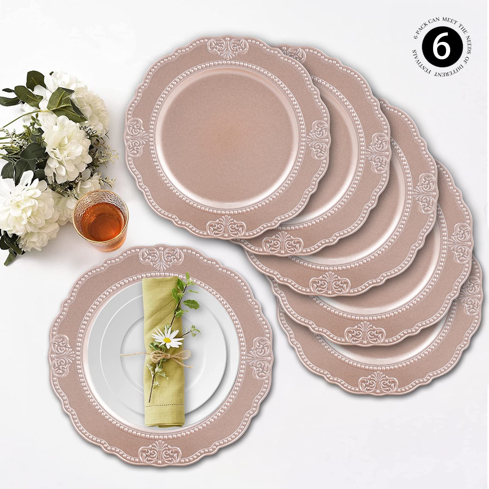 MAONAME 13" Rose Glod Charger Plates, Set of 6, Antique Charger Plates, Plastic Plate Chargers, Wedding Reception Chargers Plate Chargers for Dinner