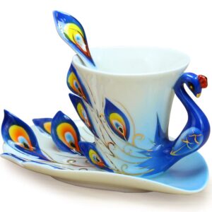 GloDeals Hand Crafted Peacock Tea Coffee Cup Set with Saucer and Spoon Delicate Porcelain Mug for Mom Women Grandma Gift Women’s Day Gift(Blue)