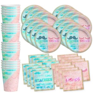 lashes or staches? gender reveal party supplies set plates napkins cups tableware kit for 16
