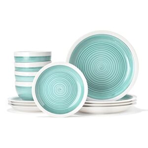 american atelier spiral dinnerware set – 12-piece stonware party collection w/ 4 dinner salad plates, 4 bowls – unique gift idea for any special occasion or birthday, turquoise