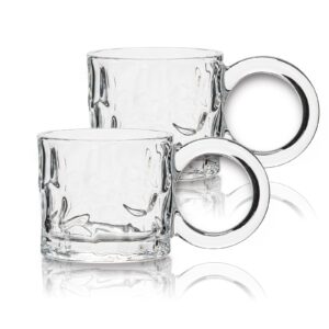 holajia espresso cups glass coffee mugs 8.4 oz set of 2,clear embossed tea cups,vintage glassware with handle,demitasse glasses for cappuccino,latte,hot beverage(begonia)