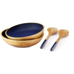 set of 2 large serving bowls with salad servers for parties or wooden bowls for food, pasta, salad, fruits, 12 inch and 11 inch wood bowls, mango wood, blue