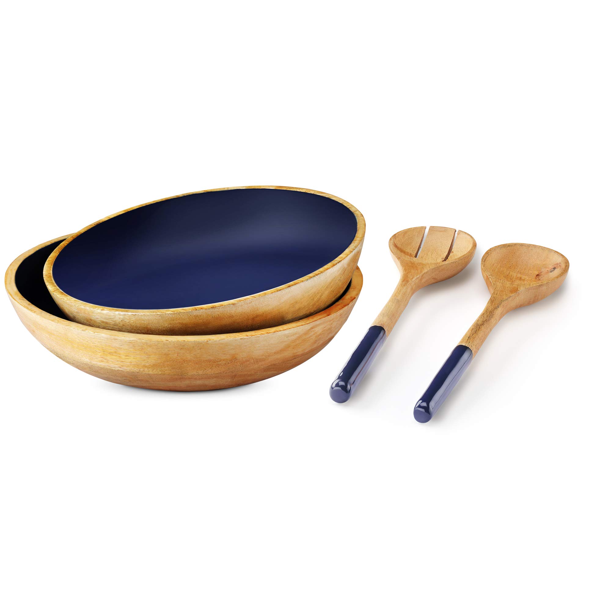 Set of 2 Large Serving Bowls with Salad Servers for Parties or Wooden Bowls for Food, Pasta, Salad, Fruits, 12 inch and 11 inch Wood Bowls, Mango Wood, Blue