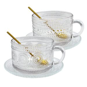 ciouyaos 2 set vintage glass coffee mugs, large clear cups with 2pcs spoons 2pcs glass saucer, can shaped sunflower beads coupe and coasters for cappuccino, latte, tea, hot beverages, yogurt,milk