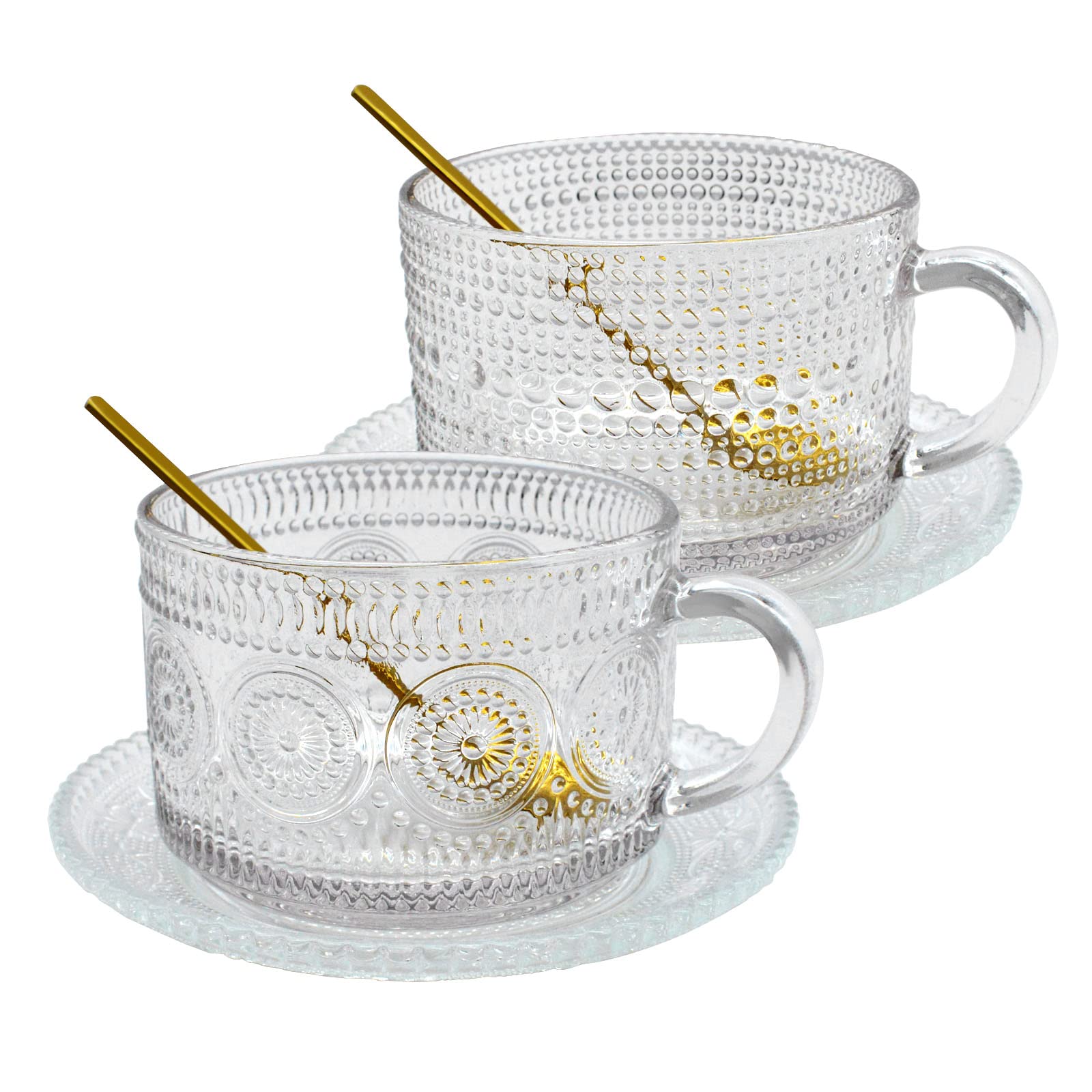 CIOUYAOS 2 Set Vintage Glass Coffee Mugs, Large Clear Cups with 2pcs Spoons 2pcs Glass Saucer, Can Shaped Sunflower Beads Coupe and Coasters for Cappuccino, Latte, Tea, Hot Beverages, Yogurt,milk