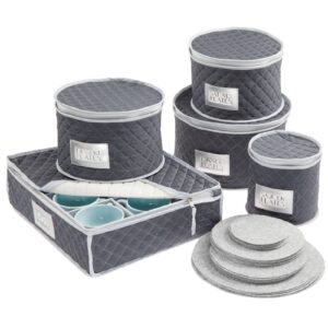 mdesign quilted dinnerware storage 5 piece set for protecting and transporting fine china, dishes, plates, cups - holds service for 12 - felt protectors included with each round bin - navy blue/gray