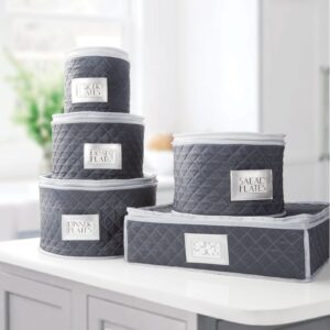 mDesign Quilted Dinnerware Storage 5 Piece Set for Protecting and Transporting Fine China, Dishes, Plates, Cups - Holds Service for 12 - Felt Protectors Included with Each Round Bin - Navy Blue/Gray