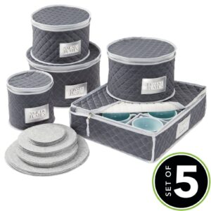 mDesign Quilted Dinnerware Storage 5 Piece Set for Protecting and Transporting Fine China, Dishes, Plates, Cups - Holds Service for 12 - Felt Protectors Included with Each Round Bin - Navy Blue/Gray