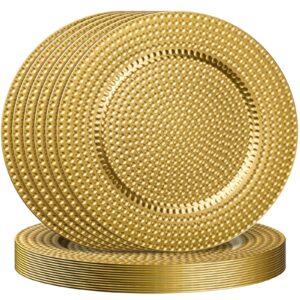 18 pcs round charger plates 13 inch decorative plastic chargers for dinner plates reusable elegant serving plate with hammered edge for wedding dinner party event dining table decoration (gold)
