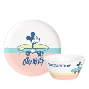 zak designs disney mickey mouse street beach (stay wavey) - kids dinnerware set, includes 10in melamine plate and 27oz bowl set, bpa-free durable plate and bowl makes mealtime fun