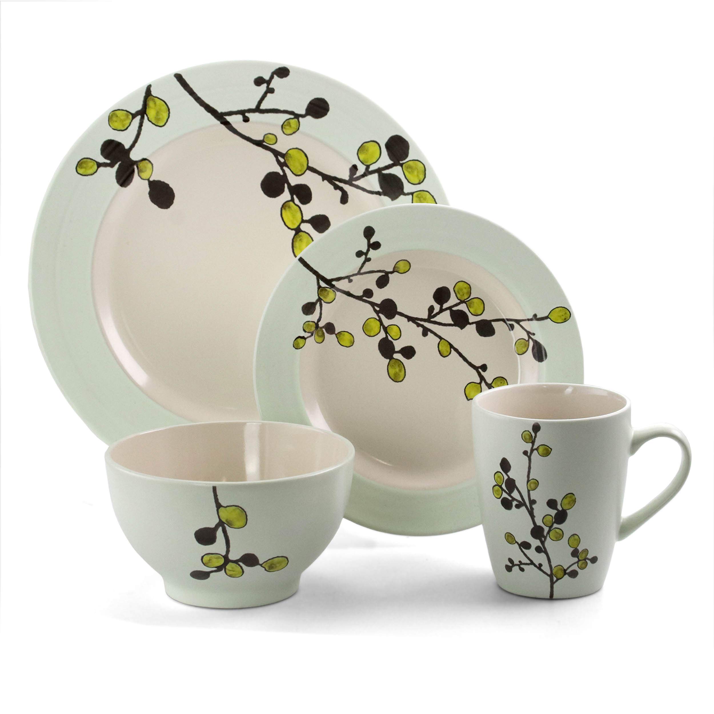 Elama RETROBLOOM Retro Bloom 16 Piece Luxurious Stoneware Dinnerware with Complete Setting for 4, Green