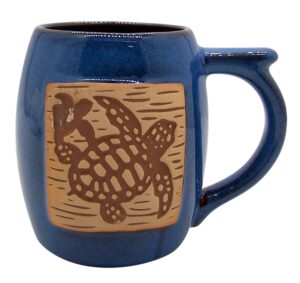 blue coffee mug with a brown and tan turtle design, nautical theme, 5.25 inches