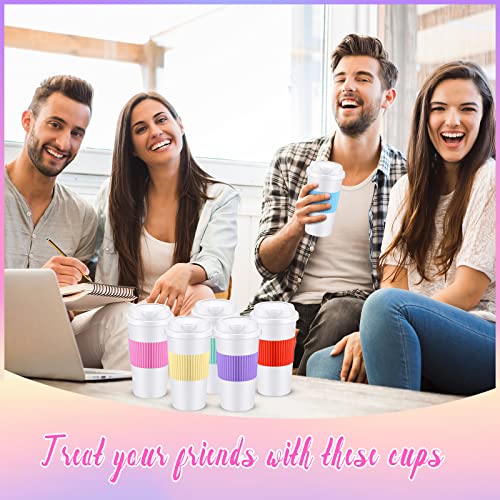 Inbagi 6 Pieces Reusable Coffee Mugs with Lids 16oz Plastic Coffee Cups with Silicone Sleeve Dishwasher and Microwave Safe Durable Travel Mugs for Cappuccino Latte Tea Espresso Hot Chocolate