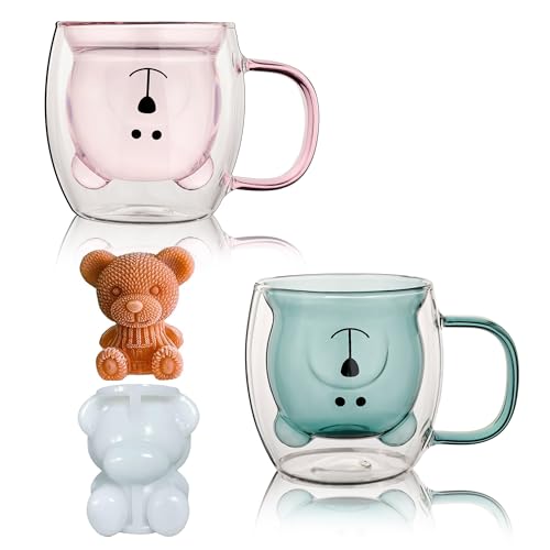 Cute Bear Mugs Set of 2 Cute Bear Tea Cup 8.5 oz Double Wall Glass Milk Coffee Bear Mug with Handle Insulated Espresso Beer Cup Cute Birthday Gifts for Women Men (2 Pack, Pink Lake Green)